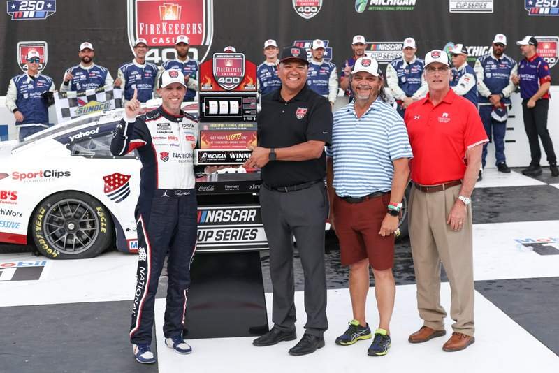 Denny Hamlin pays tribute to Kyle Busch after tying NASCAR record with FireKeepers Casino 400 win Denny Hamlin pays tribute to Kyle Busch after tying NASCAR record with FireKeepers Casino 400 win