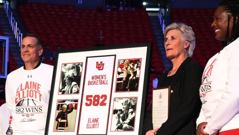 A banner honoring Elaine Elliott now hangs in the Huntsman Center rafters. This is what it means to her A banner honoring Elaine Elliott now hangs in the Huntsman Center rafters. This is what it means to her