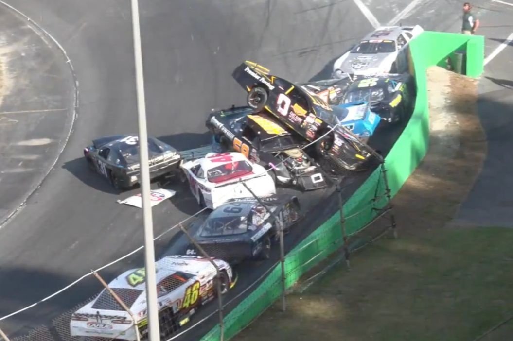 Several cars pile into short track melee after field invert Several cars pile into short track melee after field invert