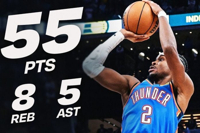SGA drops career-high 55 as Thunder survive double overtime against Pacers